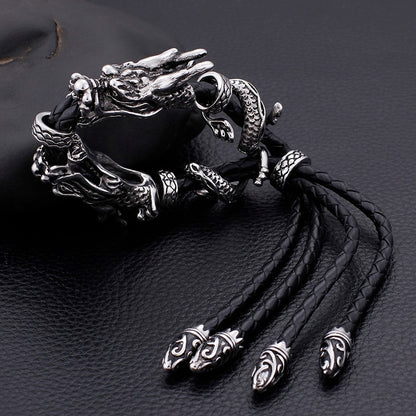 Stainless Steel Men Dragon Bracelet Interwoven with Black Genuine Leather Rope Strap Adjustable Bangle Fashion Jewelry