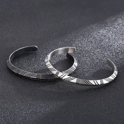 Simple Pattern Punk Open Bangle Cuff Men Stainless Steel New Design Dark Matte Black Wrist Band Bracelet Trendy Jewelry