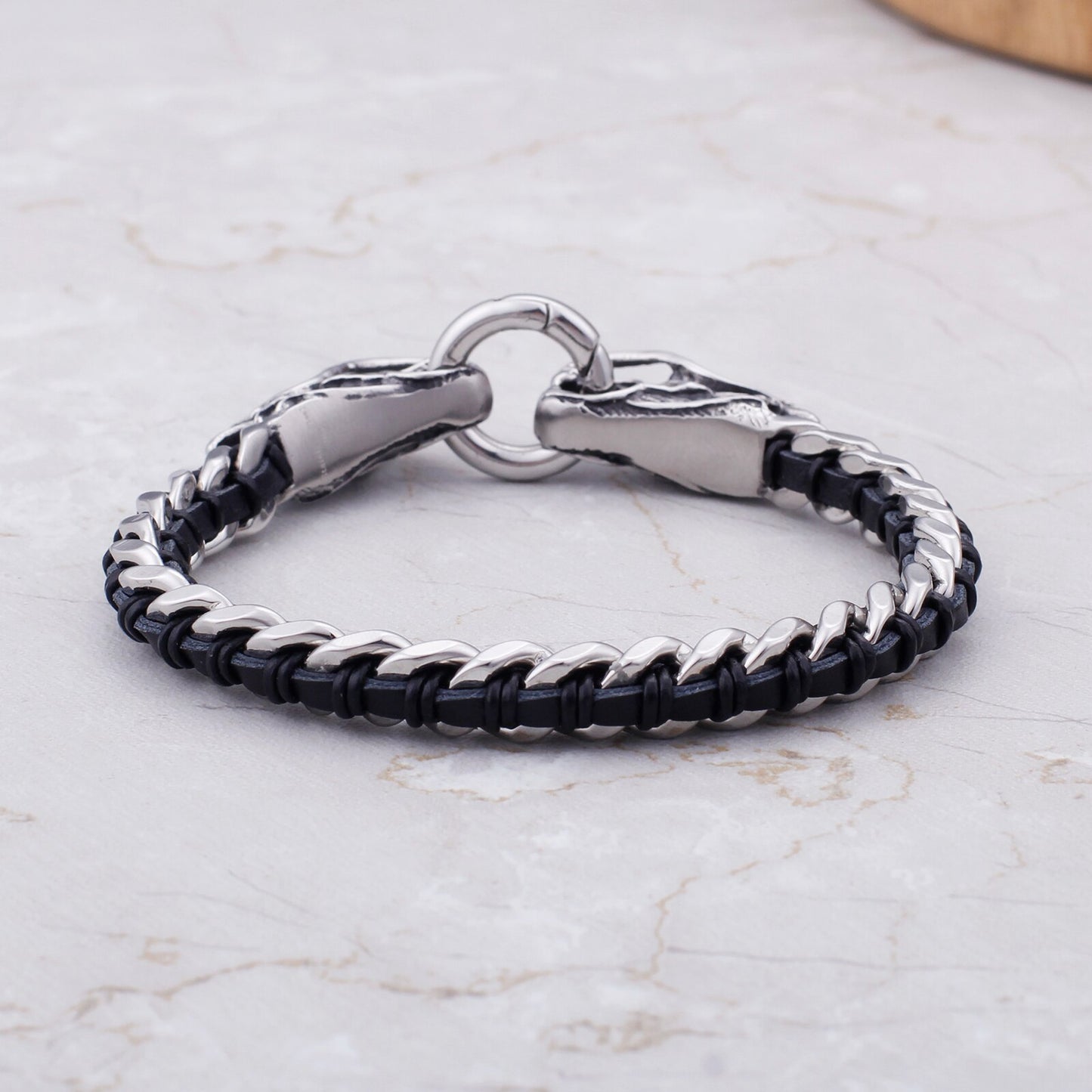 Slimline Dueling Dragons Steel and Leather Bracelet