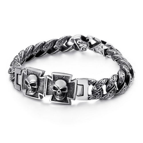 Skull Cross Curb Men's Bracelet Vintage Black Cuban Chain Stainless Steel Skeleton Male Bracelets Bangle Jewelry