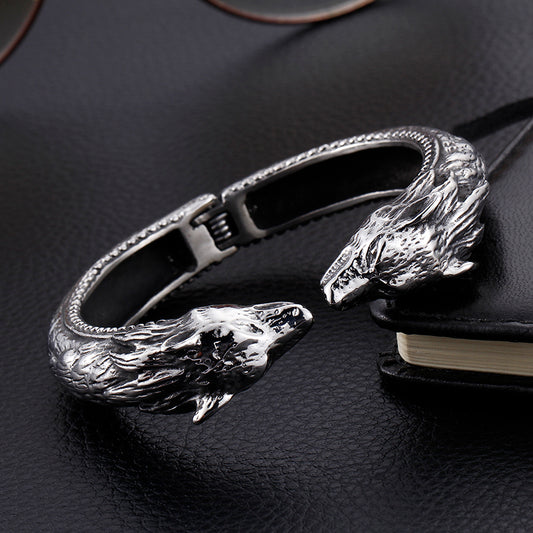 Dual Wolf Hinged Bangle Bracelet