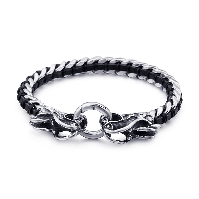 Slimline Dueling Dragons Steel and Leather Bracelet