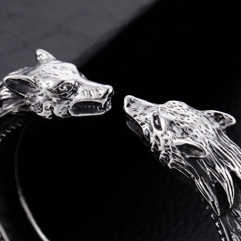 Dual Wolf Hinged Bangle Bracelet