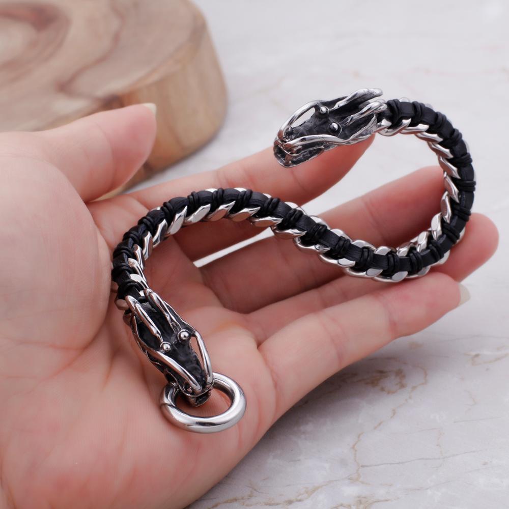 Slimline Dueling Dragons Steel and Leather Bracelet