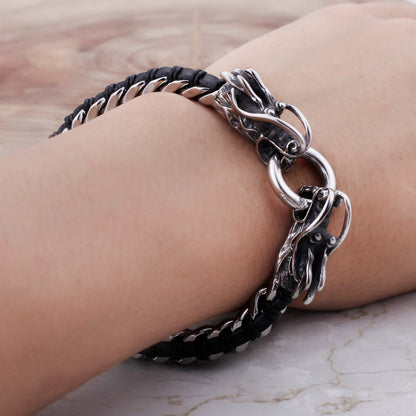 Slimline Dueling Dragons Steel and Leather Bracelet