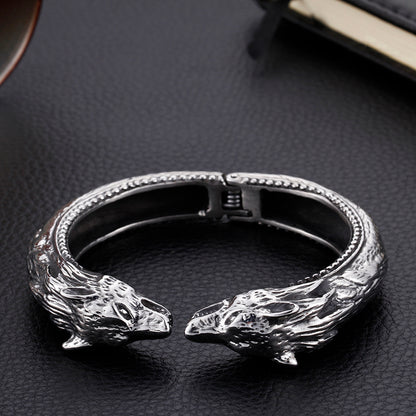 Dual Wolf Hinged Bangle Bracelet