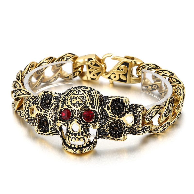 Garnet Eye Engraved Scrollwork Skull Death Rite Bracelet