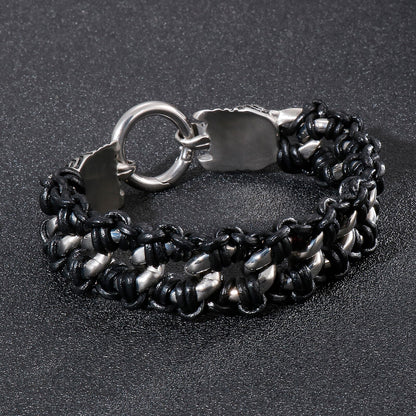 Punk Skull Head Black Leather Strand Stainless Steel Men Hand Viking Biker Male Link Chain Bracelet Fashion Jewelry