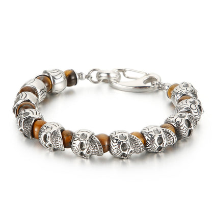 Skull Head and Stone Beads Mens Bracelet