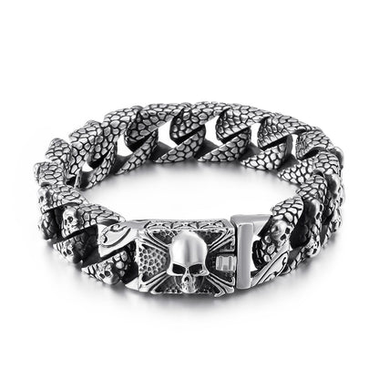 Serpentskin and Skull Steel Cuban Link Bracelet