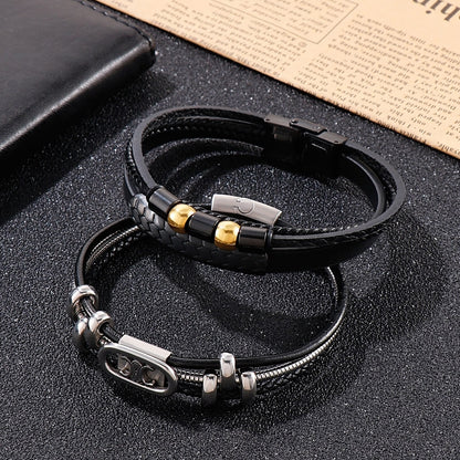 Rock Multi Layer Men Leather Bracelet Stainless Steel Beads Charm Trendy Punk Male Bangle Jewelry