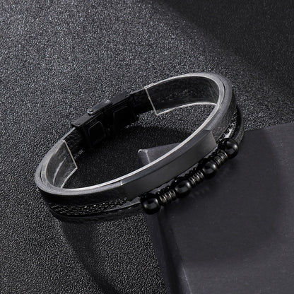 Leather and Steel Cyberpunk Triple Layer Bangle Bracelet