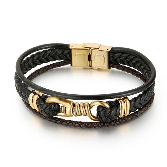 Rock Band Classic Leather Braided Multi-Layer Men Bracelet Screw Stainless Steel Charm Trendy Bangle Male Jewelry