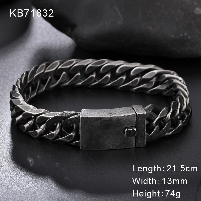 Retro Black Bracelet Men Cuban Stainless Steel Chain Wide Bracelets Male Fashion Jewelry