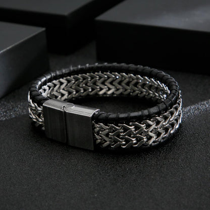 Mesh Stainless Steel Wide Chain Bracelet Braided Genuine Cowhide Leather Woven Rope Punk Bracelets with Magnet Clasp