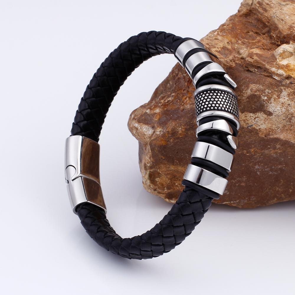 Vintage Charm Leather Bracelet Men Stainless Steel Black Weave Bracelets Man Fashion Jewelry