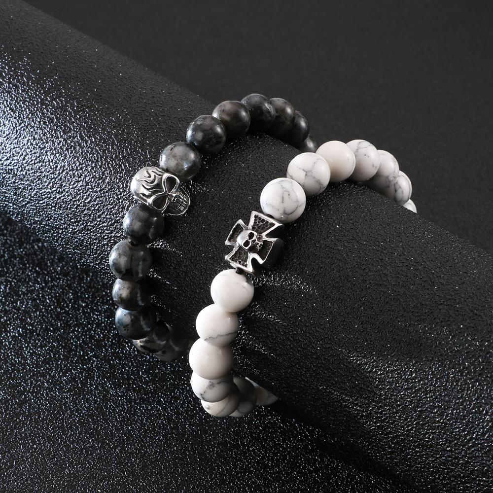 Skull Head Charms Cross Beaded Mens Bracelet Natural Stone Punk Wholesale Cheap Bracelets Fashion Jewelry