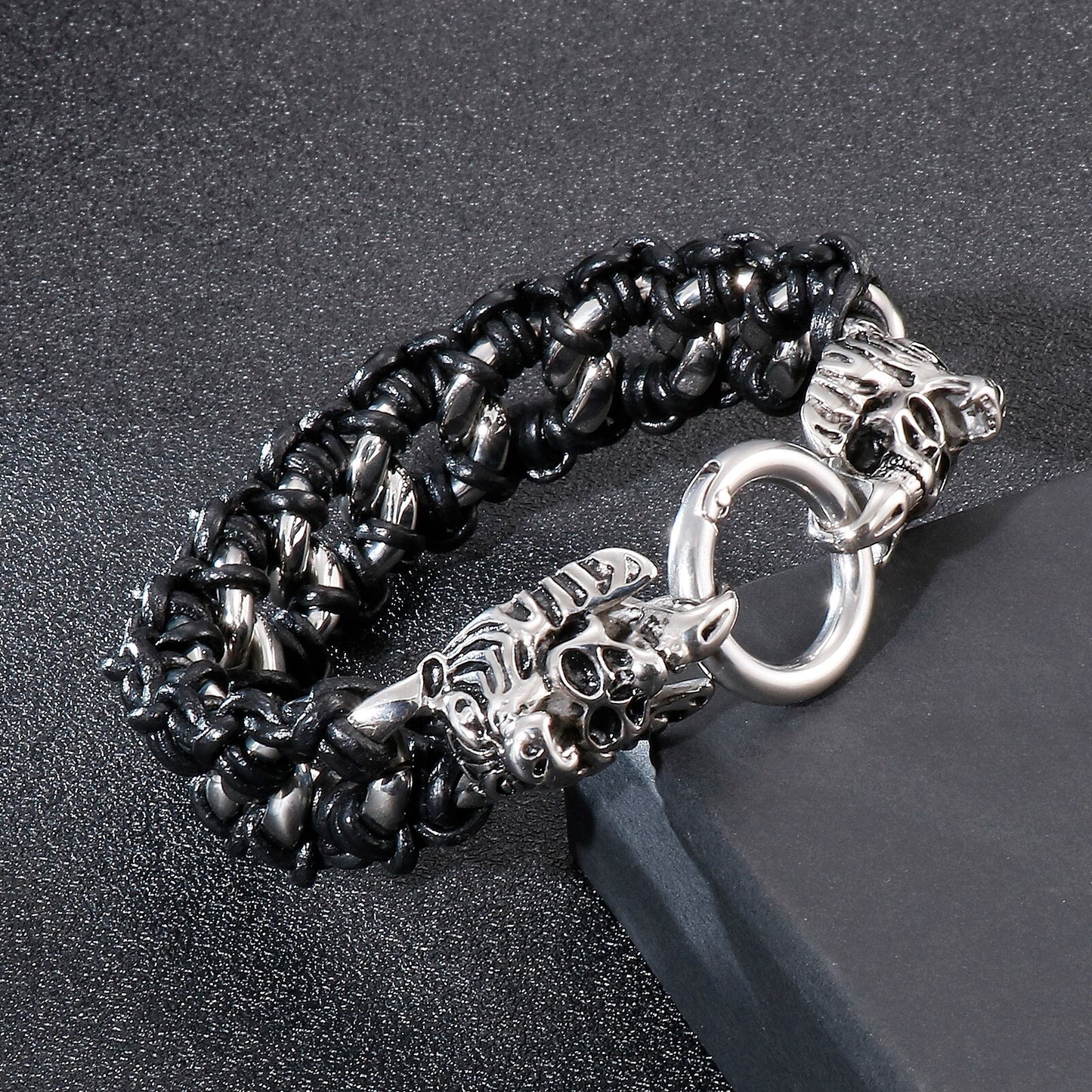 Punk Skull Head Black Leather Strand Stainless Steel Men Hand Viking Biker Male Link Chain Bracelet Fashion Jewelry