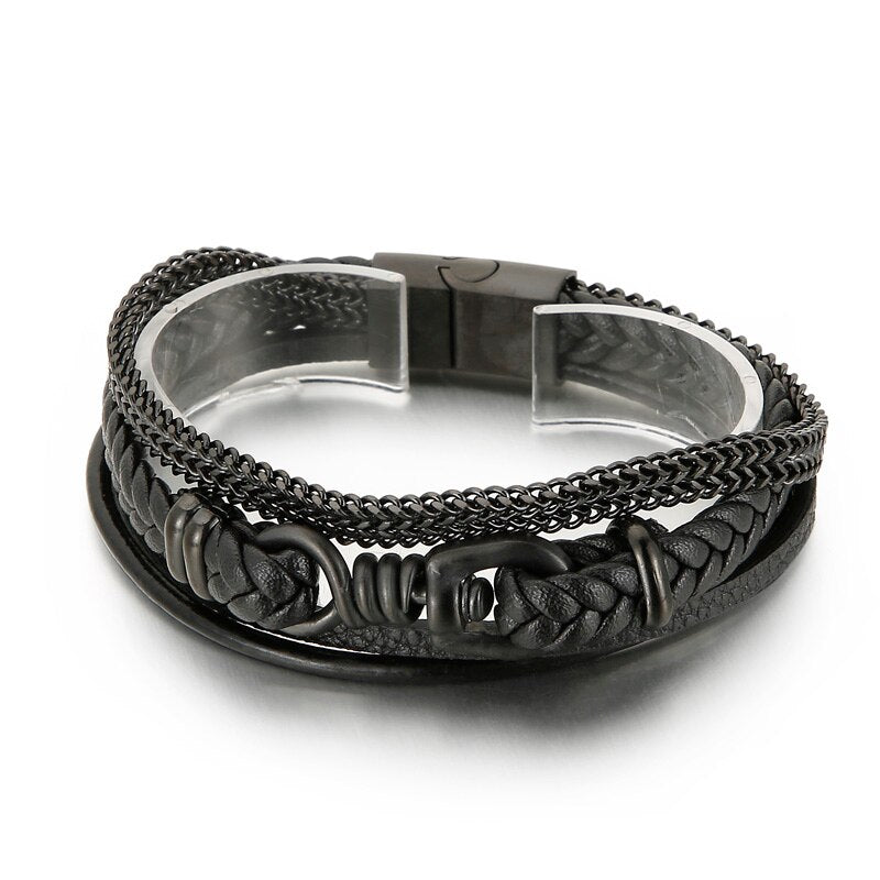 Multi-Layer Braided Leather Bracelet For Men Stainless Steel Link Chain and Rope Punk Fashion Black Bangle Jewelry