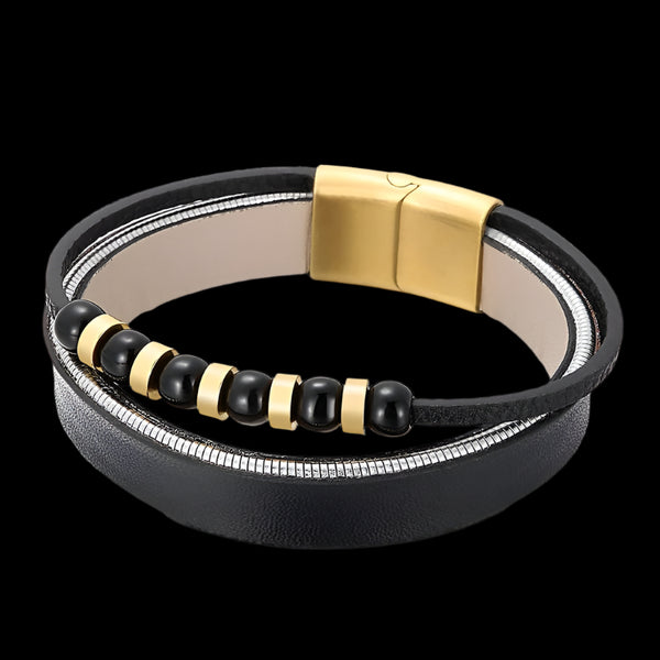 Steel and Onyx Bead Leather Men's Bracelet