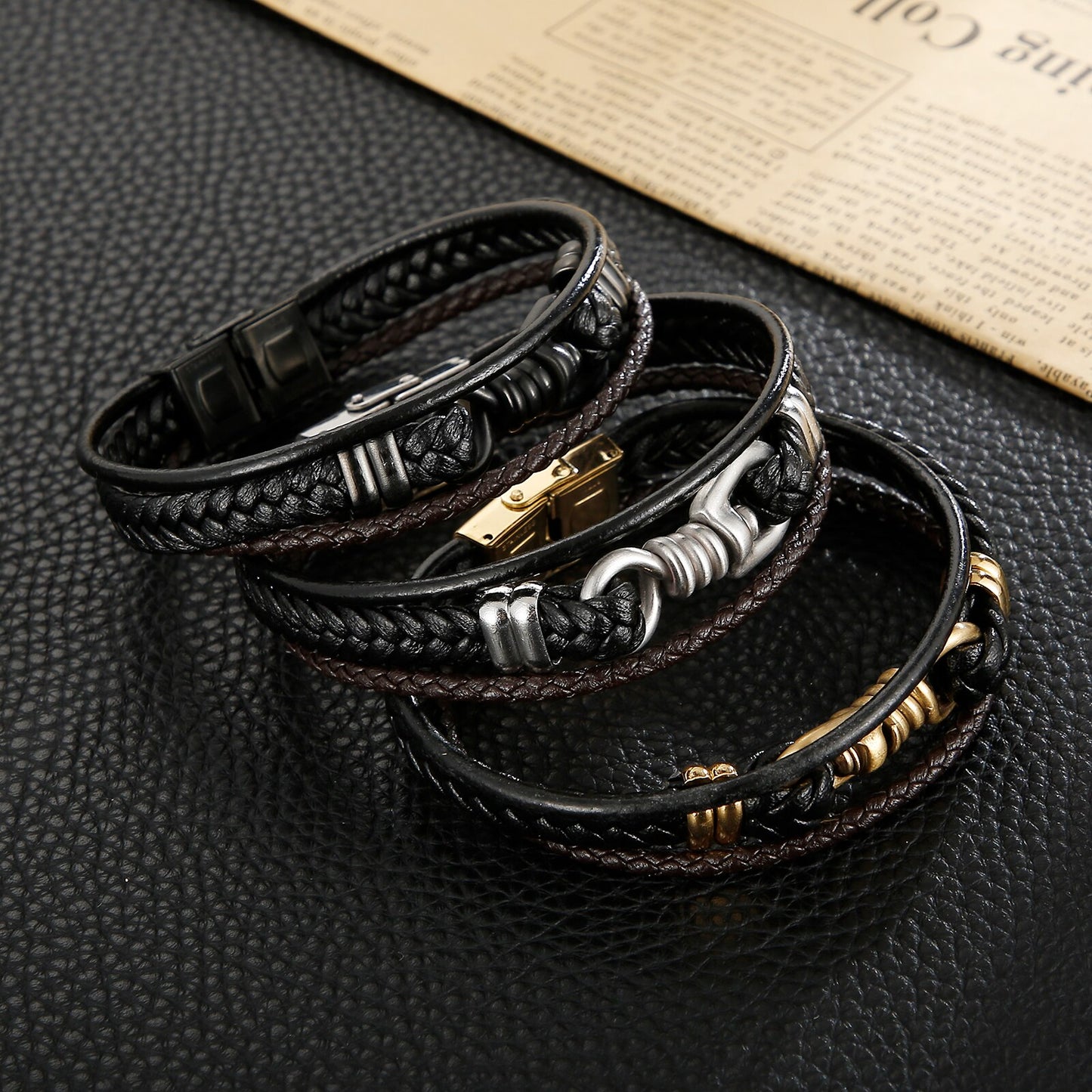 Rock Band Classic Leather Braided Multi-Layer Men Bracelet Screw Stainless Steel Charm Trendy Bangle Male Jewelry