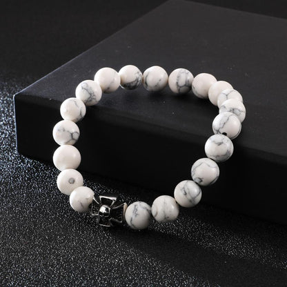 Skull Head Charms Cross Beaded Mens Bracelet Natural Stone Punk Wholesale Cheap Bracelets Fashion Jewelry