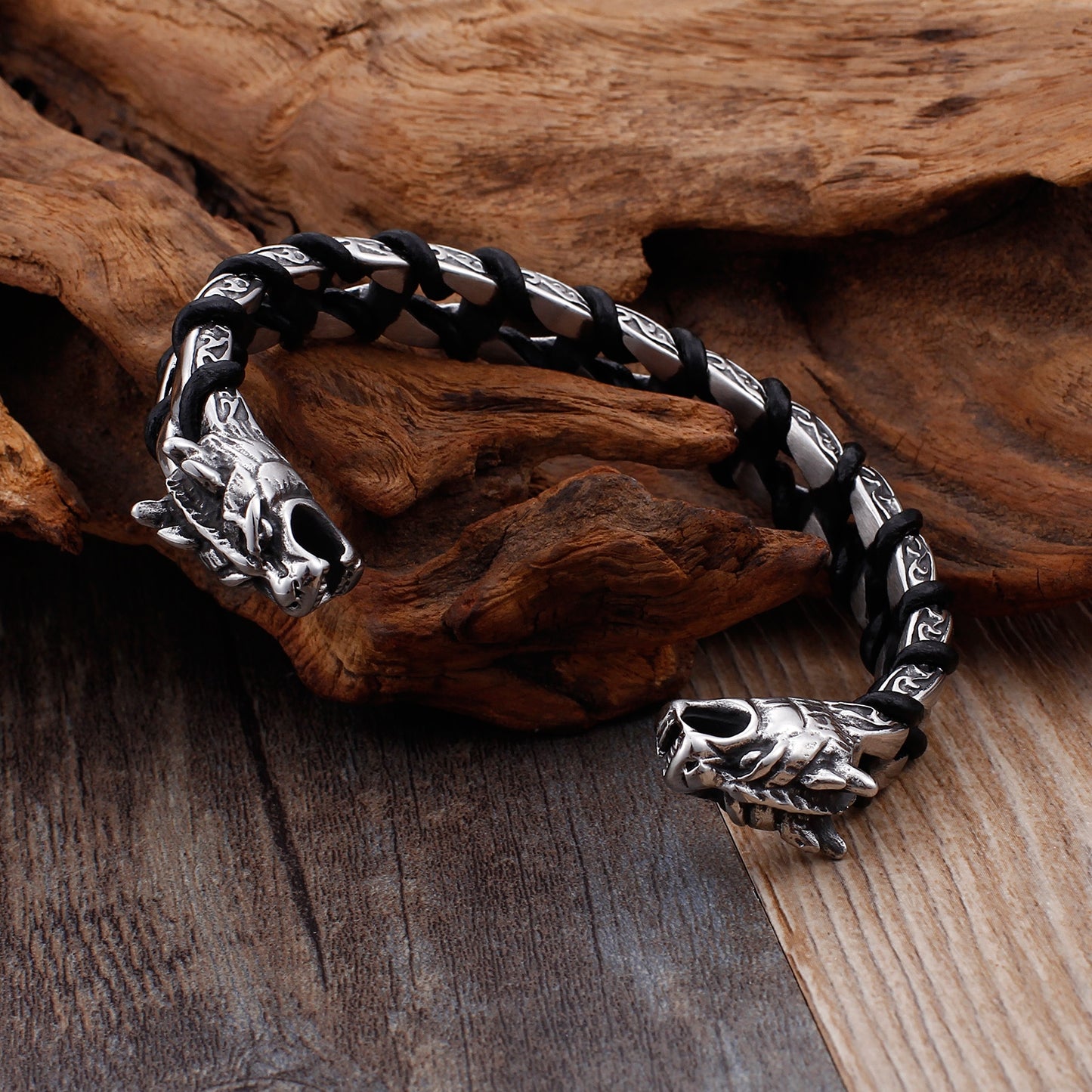 Dragon Steel and Leather Bangle Bracelet