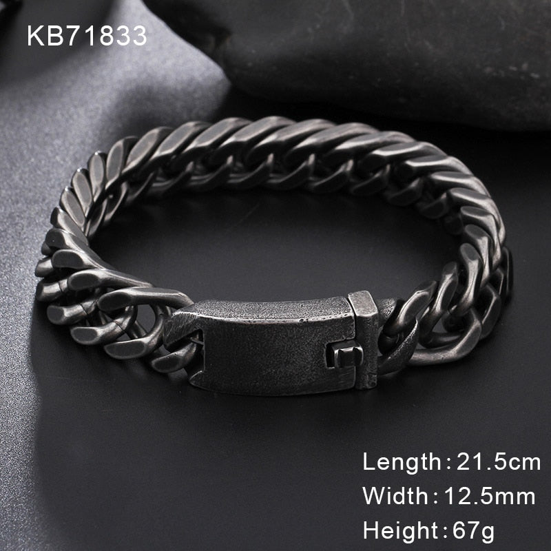 Retro Black Bracelet Men Cuban Stainless Steel Chain Wide Bracelets Male Fashion Jewelry