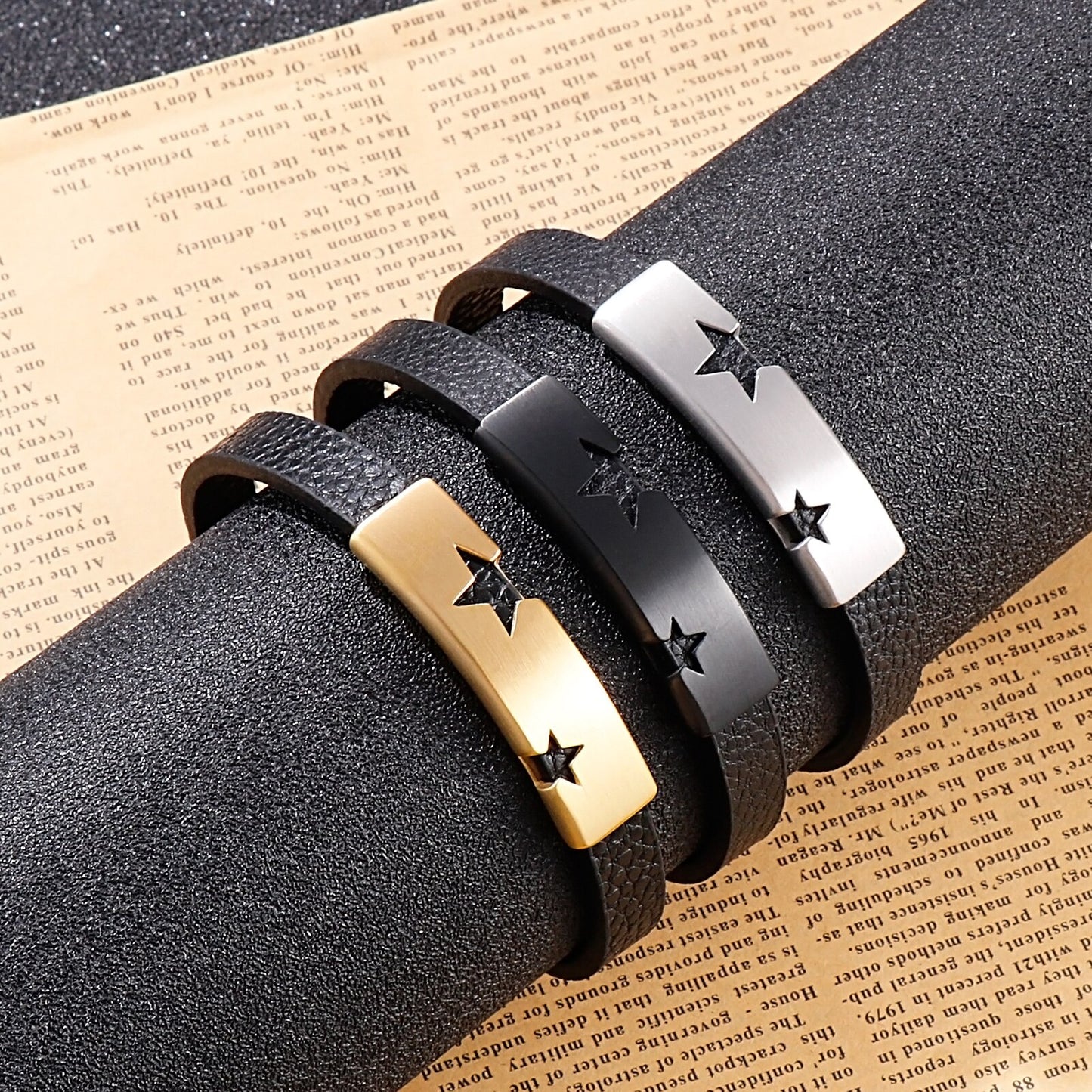 Star Punch Steel Bar and Leather Bracelet