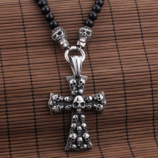 Skull Cross Stone Bead King's Chain Pendant Necklace