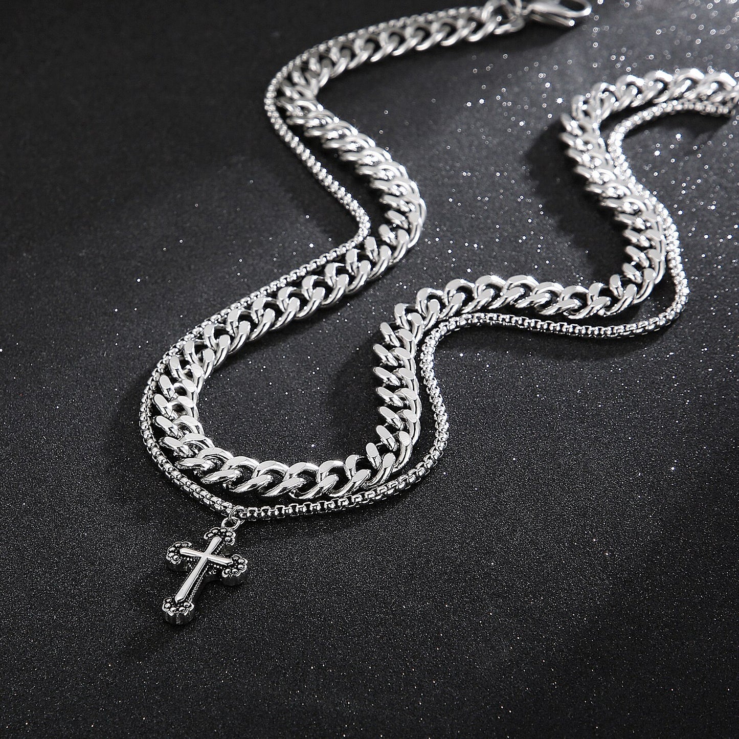 Double Layer Cross Pendant Chain Necklace