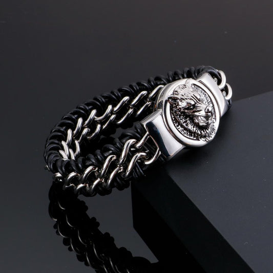 Antiqued Wolf Cameo Leather and Steel Bracelet