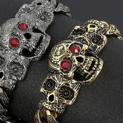 Garnet Eye Engraved Scrollwork Skull Death Rite Bracelet