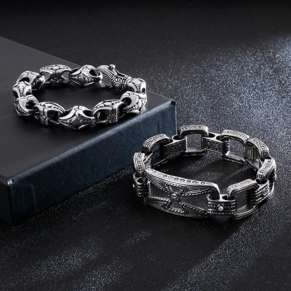 Viking Bracelet Punk Men Cross Bead Vintage Black Stainless Steel Link Charm Male Bracelets Bangle Fashion Jewelry