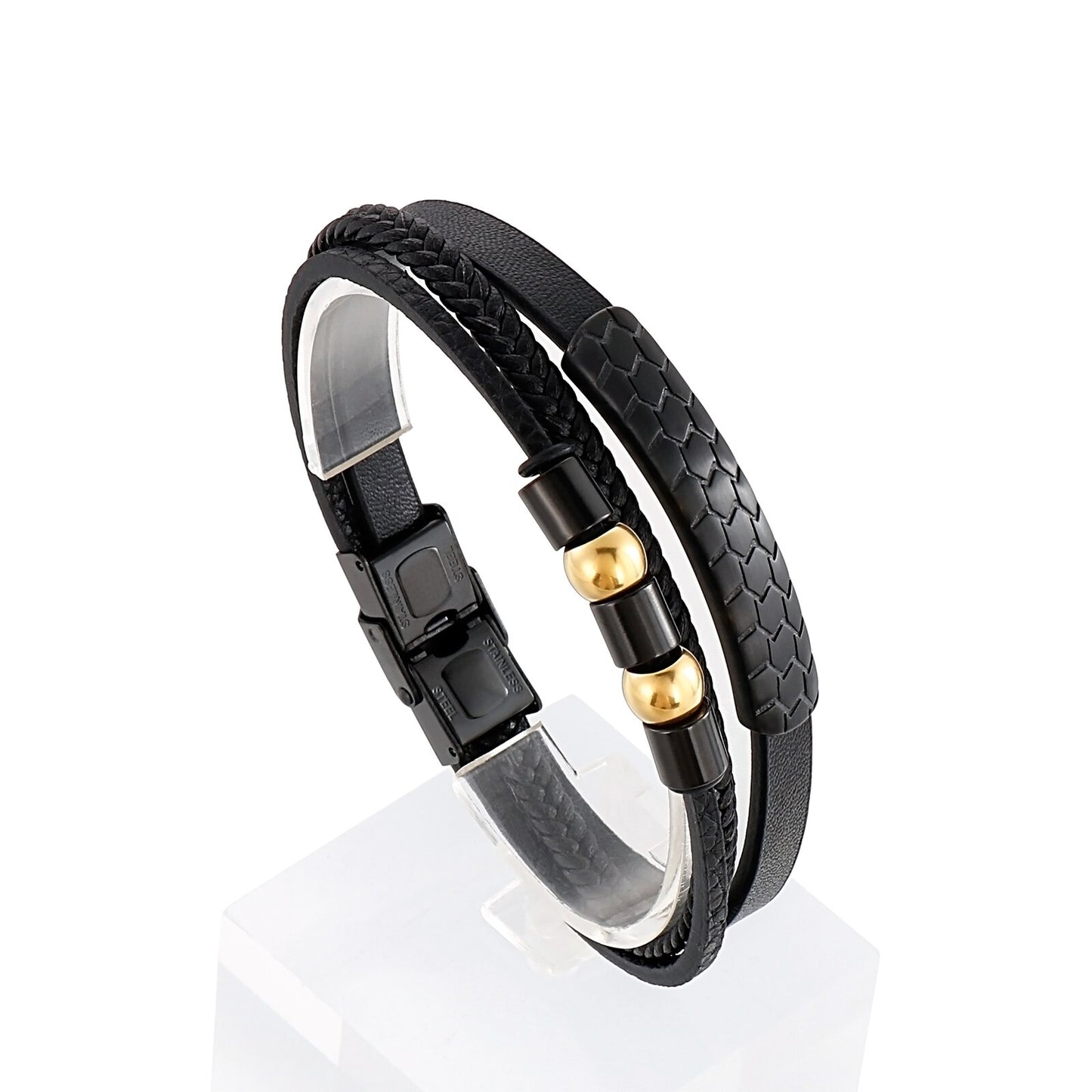 Rock Multi Layer Men Leather Bracelet Stainless Steel Beads Charm Trendy Punk Male Bangle Jewelry