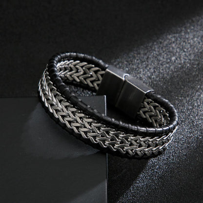 Mesh Stainless Steel Wide Chain Bracelet Braided Genuine Cowhide Leather Woven Rope Punk Bracelets with Magnet Clasp