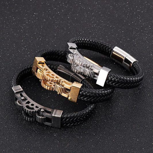 Men Classic Braided Leather Bracelet Gearwheel Charm Stainless Steel Punk Fashion Bangle Jewelry