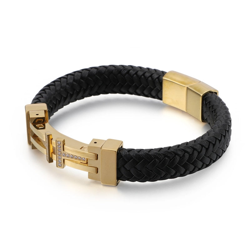 Punk Men Jewelry Black Braided Leather Charm Bracelet Stainless Steel Magnetic Clasp Fashion Bangles