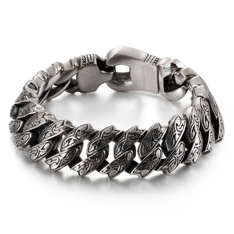 Vintage Style Bracelet Men's Unique Carving Cuban Link Chain Stainless Steel Men Bracelets Bangle Fashion Jewelry