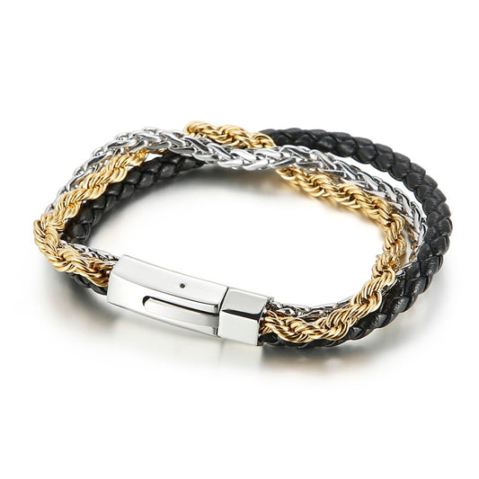 Three Layers Braided Rope Men Bracelet Stainless Steel Leather Link Chain Twisted Jewelry