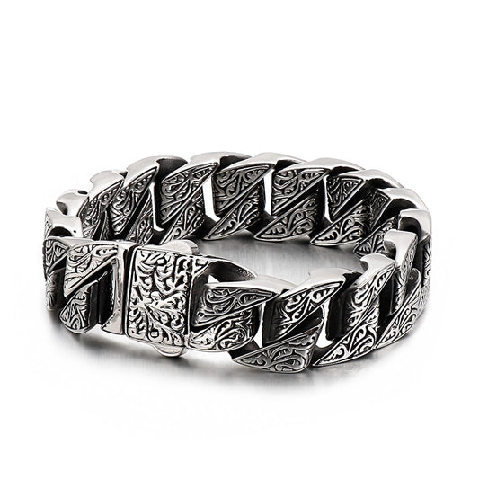 Vintage Style Bracelet Men's Unique Carving Cuban Link Chain Stainless Steel Men Bracelets Bangle Fashion Jewelry