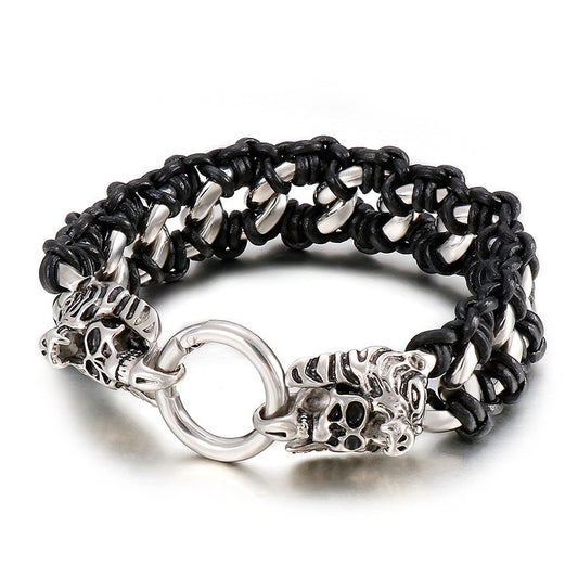 Punk Skull Head Black Leather Strand Stainless Steel Men Hand Viking Biker Male Link Chain Bracelet Fashion Jewelry