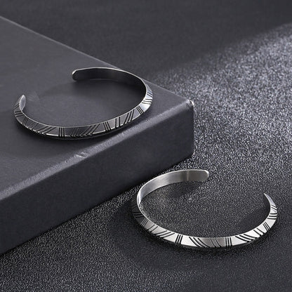 Simple Pattern Punk Open Bangle Cuff Men Stainless Steel New Design Dark Matte Black Wrist Band Bracelet Trendy Jewelry