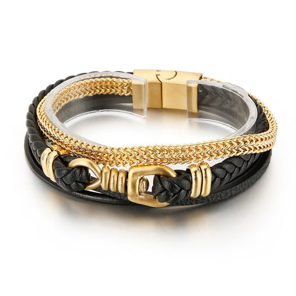 Multi-Layer Braided Leather Bracelet For Men Stainless Steel Link Chain and Rope Punk Fashion Black Bangle Jewelry