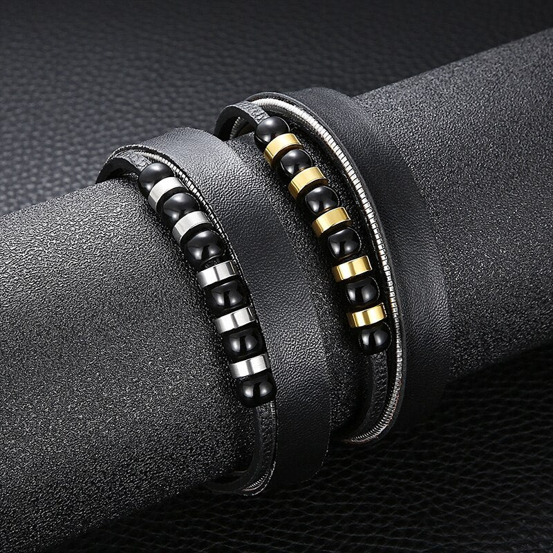 Multi-Layer Leather Men bracelet Beads Snake Link Chain Charm Rope Round Classic Simple Fahsion Male Jewelry Gift