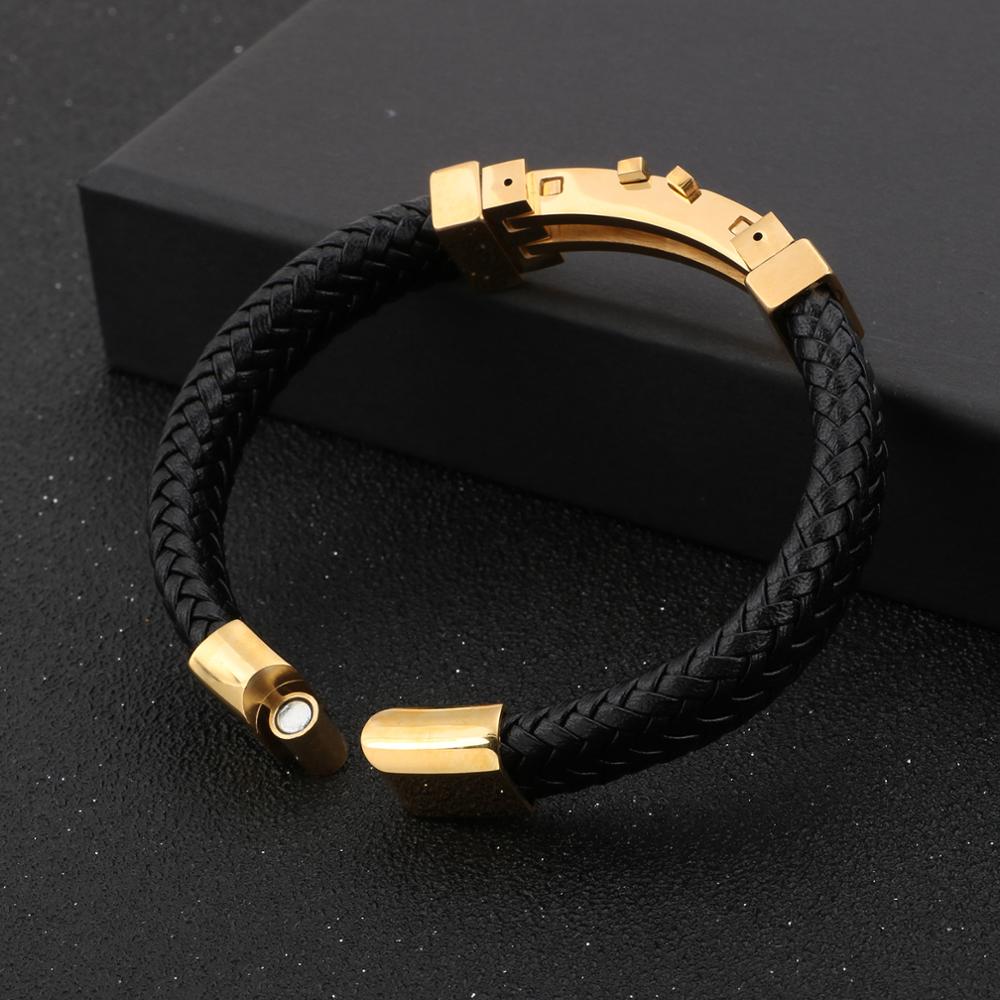 Punk Men Jewelry Black Braided Leather Charm Bracelet Stainless Steel Magnetic Clasp Fashion Bangles