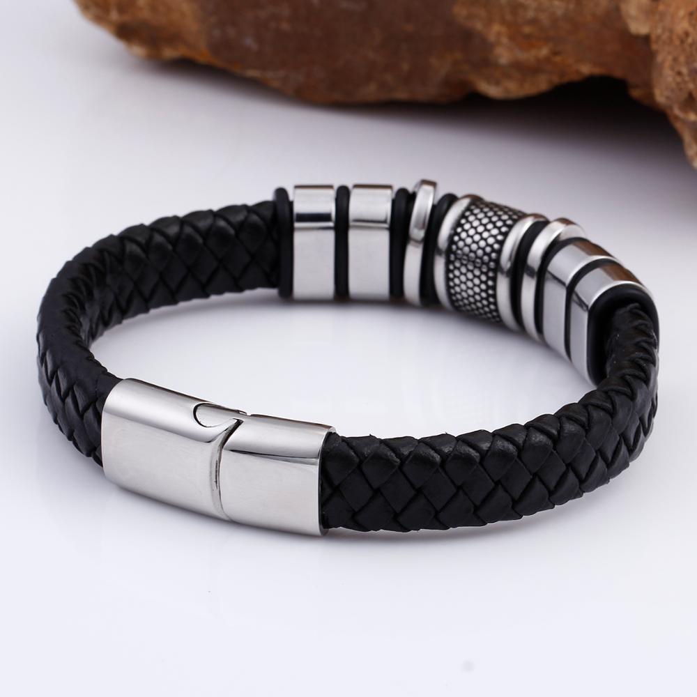 Vintage Charm Leather Bracelet Men Stainless Steel Black Weave Bracelets Man Fashion Jewelry