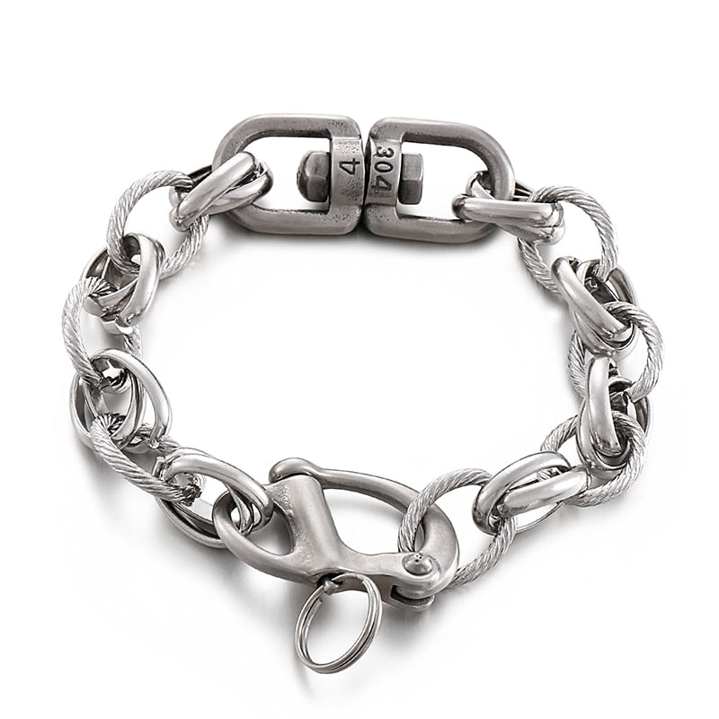 Punk Round Link Chain Cuff Men Bracelet Vintage Stainless Steel Big Clasp Charm Rock Fashion Jewelry