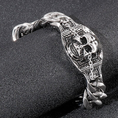 Skull Charm Heavy Cuban Link Chain Men Bracelet Silver Color Gothic Style Punk Male Accessaries