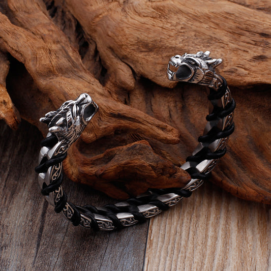 Dragon Steel and Leather Bangle Bracelet